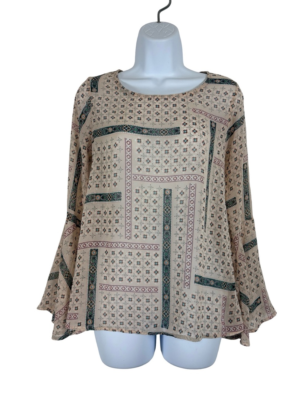 Altar’d State Boho Bell Sleeve Blouse Cream Floral Patchwork Print S